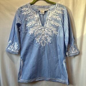 Gretchen Scott Blue/White Plaid Embroidered Coral 3/4 Sleeve Top